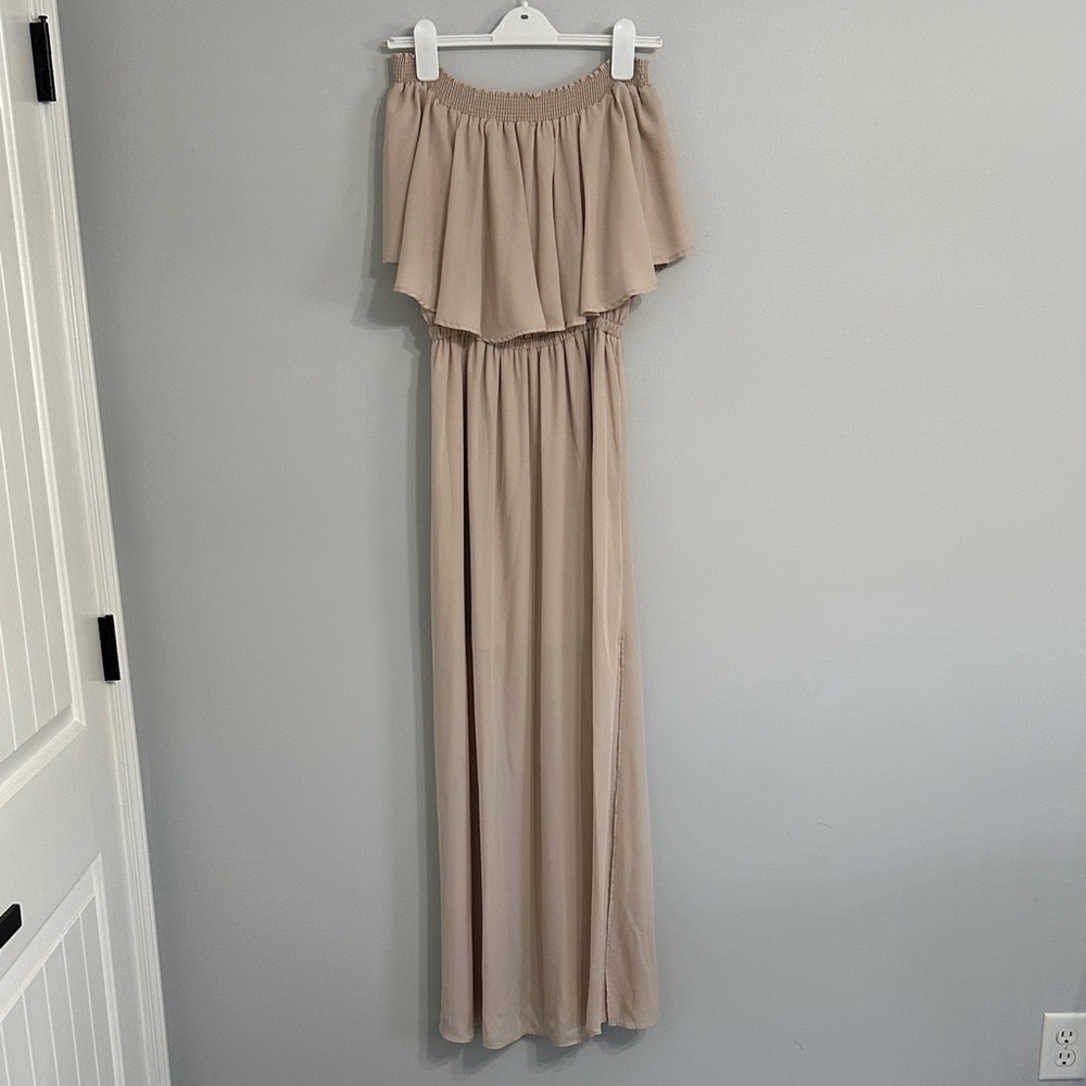 Show Me Your MuMu Taupe/Blush Off The Shoulder Smocked Dress